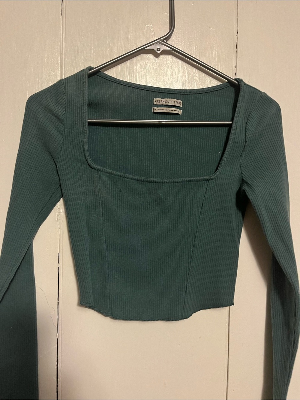 Urban Outfitters Teal Ribbed Square-Neck Long Sleeve Top